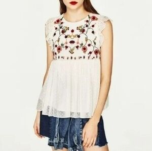 Zara Trafaluc Collection Swiss Dot Floral Embroidered Babydoll Top SZ XS